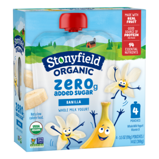 Stonyfield Organic Kids Zero G Added Sugar Banilla Whole Milk Yogurt Pouch, 4 ct