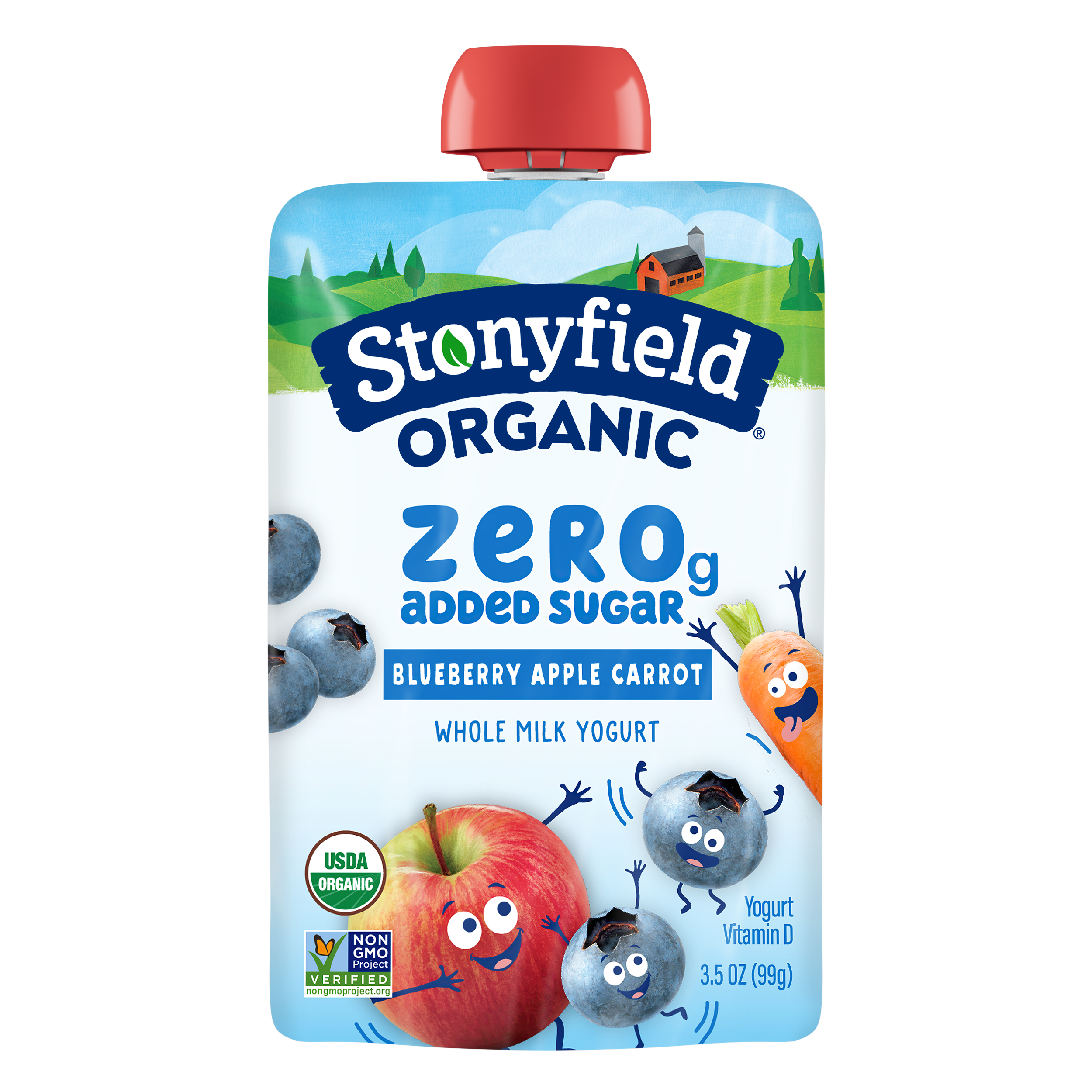 Stonyfield Organic Kids Zero G Added Sugar Blueberry Apple Carrot Whole Milk Yogurt Pouch, 3.5 oz.
