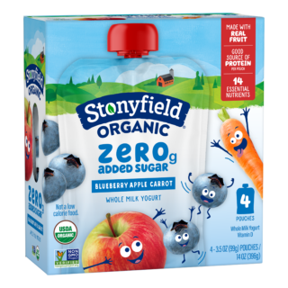 Stonyfield Organic Kids Zero G Added Sugar Blueberry Apple Carrot Whole Milk Yogurt Pouch, 4 ct