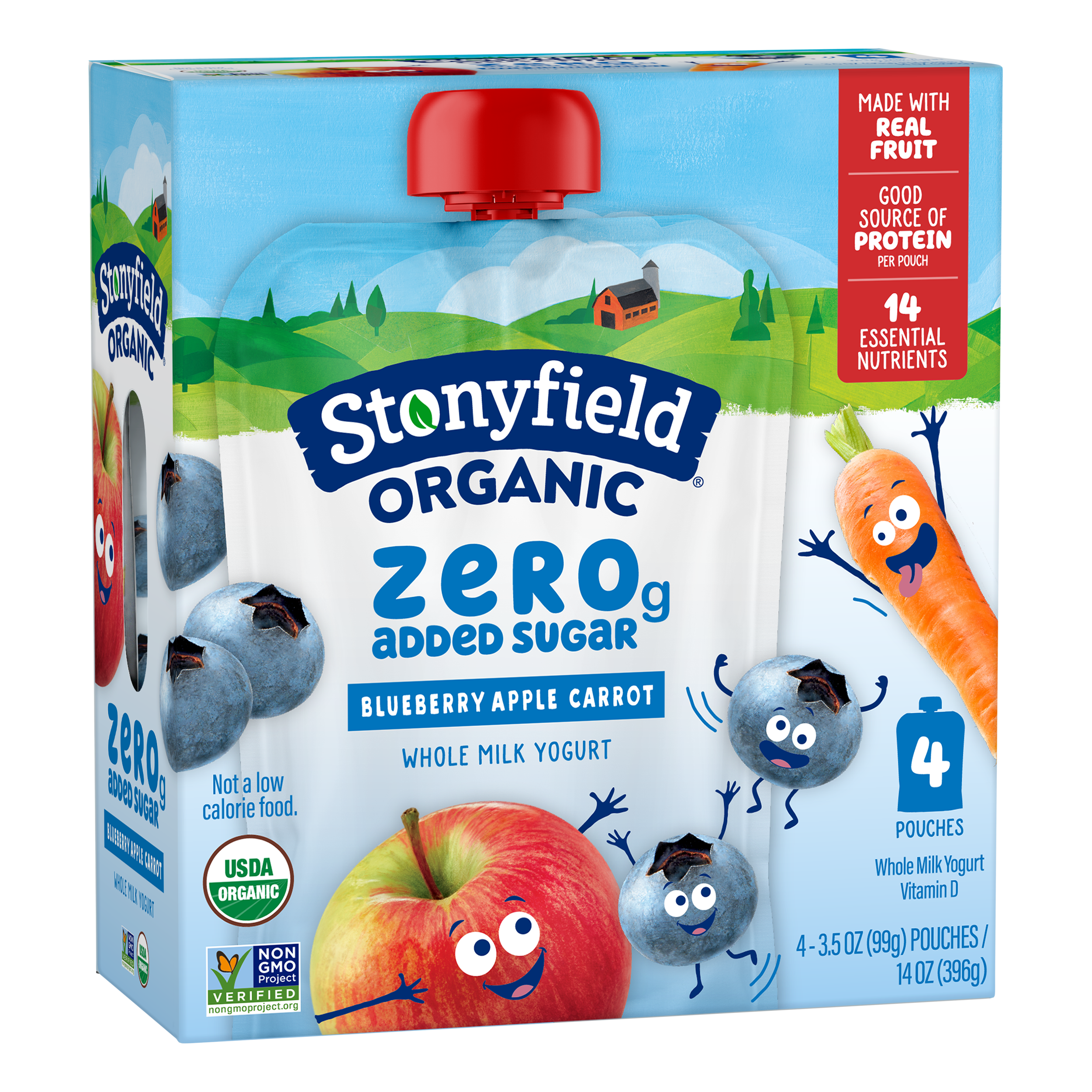 Stonyfield Organic Kids Zero G Added Sugar Blueberry Apple Carrot Whole Milk Yogurt Pouch, 4 ct