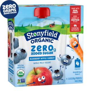 Stonyfield Organic Kids Zero Grams Added Sugar Blueberry Apple Carrot Whole Milk Yogurt Pouch, 4 ct