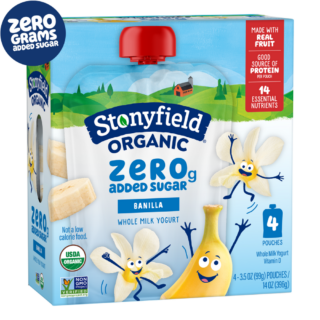 Stonyfield Organic Kids Zero Grams Added Sugar Banilla Whole Milk Yogurt Pouch, 4 ct