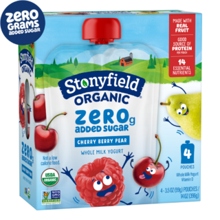 Stonyfield Organic Kids Zero Grams Added Sugar Cherry Berry Pear Whole Milk Yogurt Pouch, 4Ct