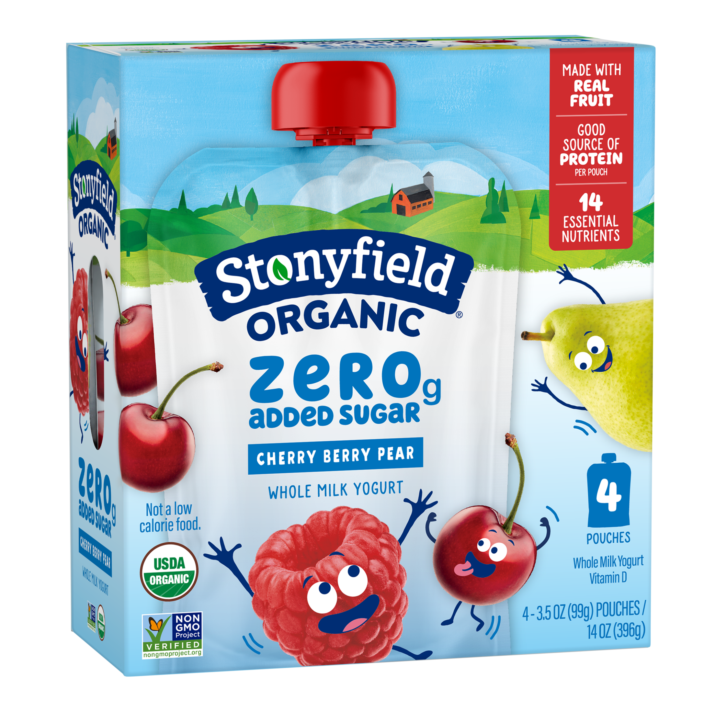 Stonyfield Organic Kids Zero G Added Sugar Whole Milk Yogurt Pouches, Cherry Berry Pear, 3.5 oz., 4Ct