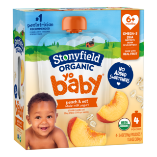 Stonyfield Organic YoBaby Whole Milk Baby Yogurt Pouches, Peach & Oat, 4 Ct